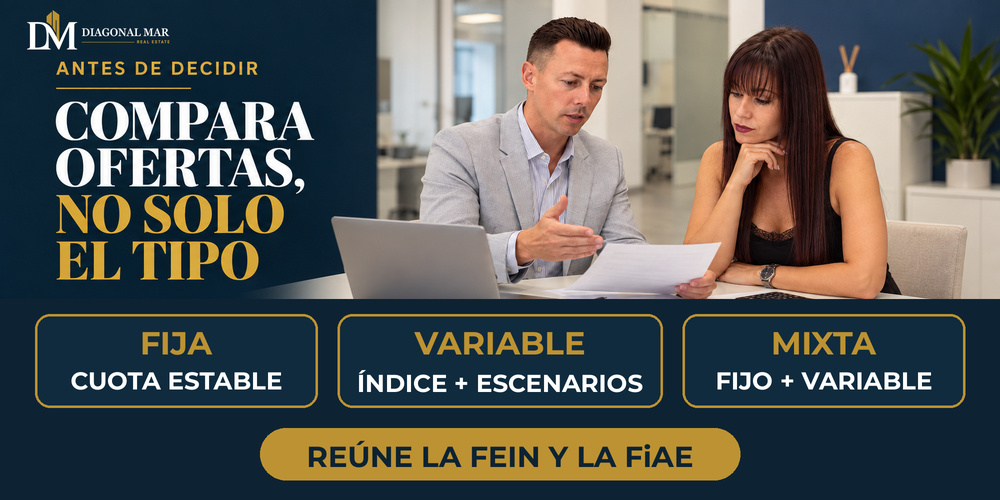 Domènec y Elena comparan documentación hipotecaria en la oficina de Diagonal Mar, junto a tres tarjetas sobre hipoteca fija, variable y mixta.