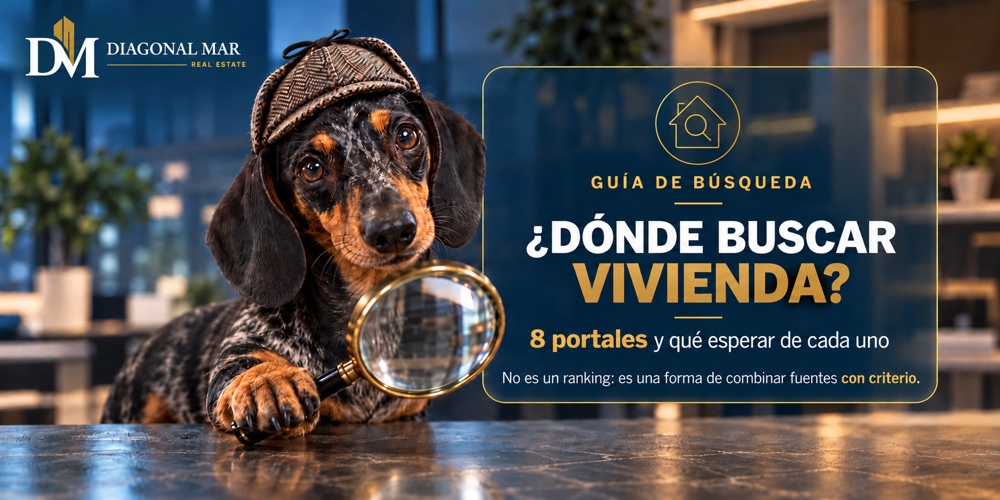 Perro salchicha con gorro de detective y lupa junto al título «¿Dónde buscar vivienda? 8 portales y qué esperar de cada uno» en una oficina.