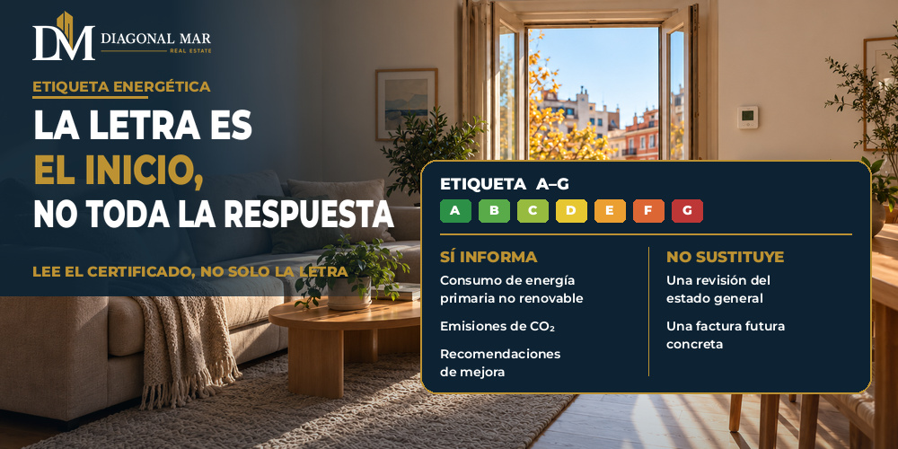 Diseño azul marino y dorado sobre la etiqueta energética con el mensaje «La letra es el inicio, no toda la respuesta», junto a una ventana abierta y un termostato.