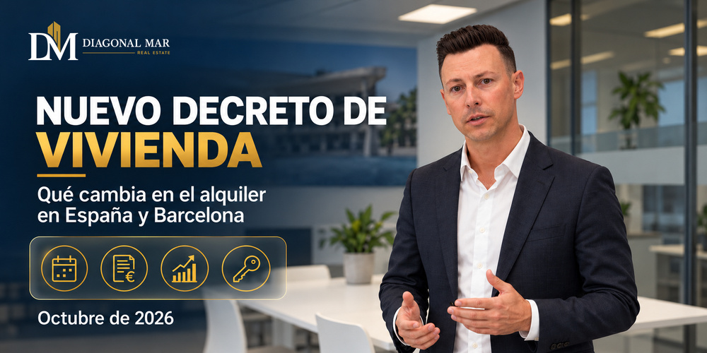 Domènec en la oficina de Diagonal Mar junto a una guía sobre cambios del alquiler y comprobaciones para contratos en Barcelona.